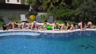 Multiple Naked Girls: Pool party vagina eating chain.