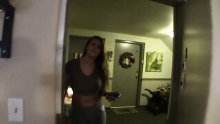 thick neighbour with admirable breasts gives a cook jerking