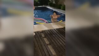Running out of the pool - Happy Embarrassed Girls