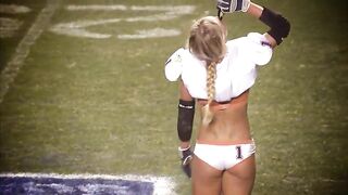 Glad Confused Gals: Guzzling her adorable beer on the football field