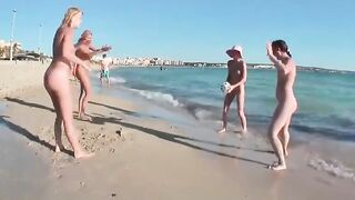 4 nude girls playing ball on a non-nude beach - Flashing And Flaunting