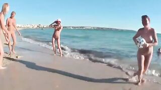 Flashing And Flaunting: 4 naked gals playing ball on a non-nude beach