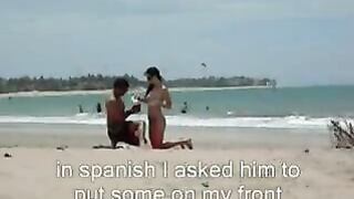 Asking a stranger to put lotion on her - Flashing And Flaunting