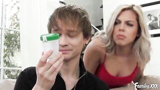 Hot blonde teen offers to help out her stepbro in filling up that sperm cup for his check up later