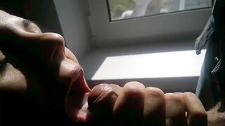 Gals Finishing The Job: she pulls a giant load onto her tongue to swallow