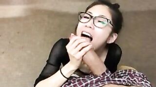Gals with Glasses: Miniature oriental juvenile tugjob and oral sex cum